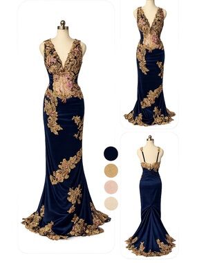 Julian Joyce Couture by Mandalay Navy Gold Beaded Mermaid Gown Size 4